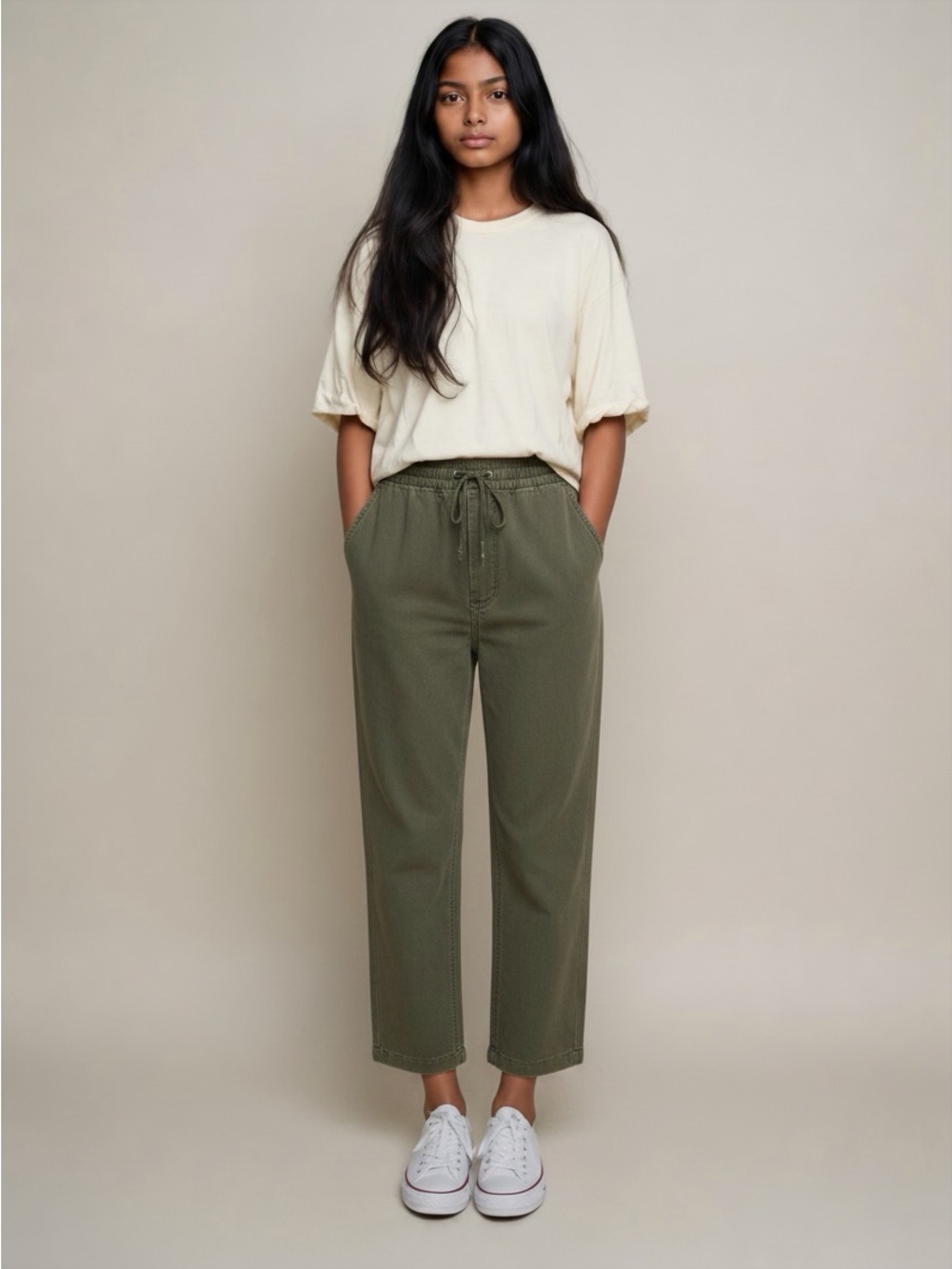 J.Crew Womens Linen Blend Pull On Pants Olive Green Drawstring Elastic Waist 12